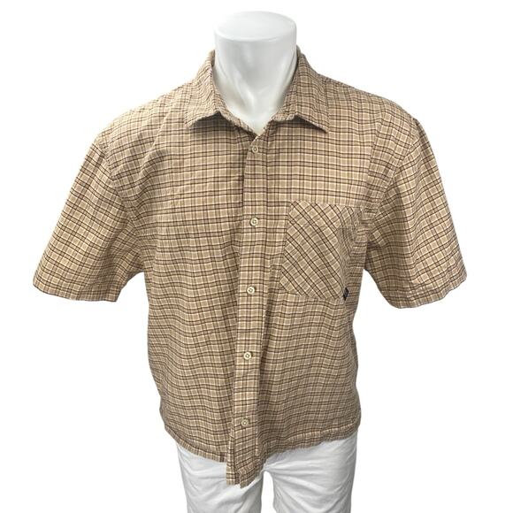 Zara Men's Multicolor Tan Plaid Short Sleeve Button Down Pocket Shirt Top L-XL - Picture 1 of 4